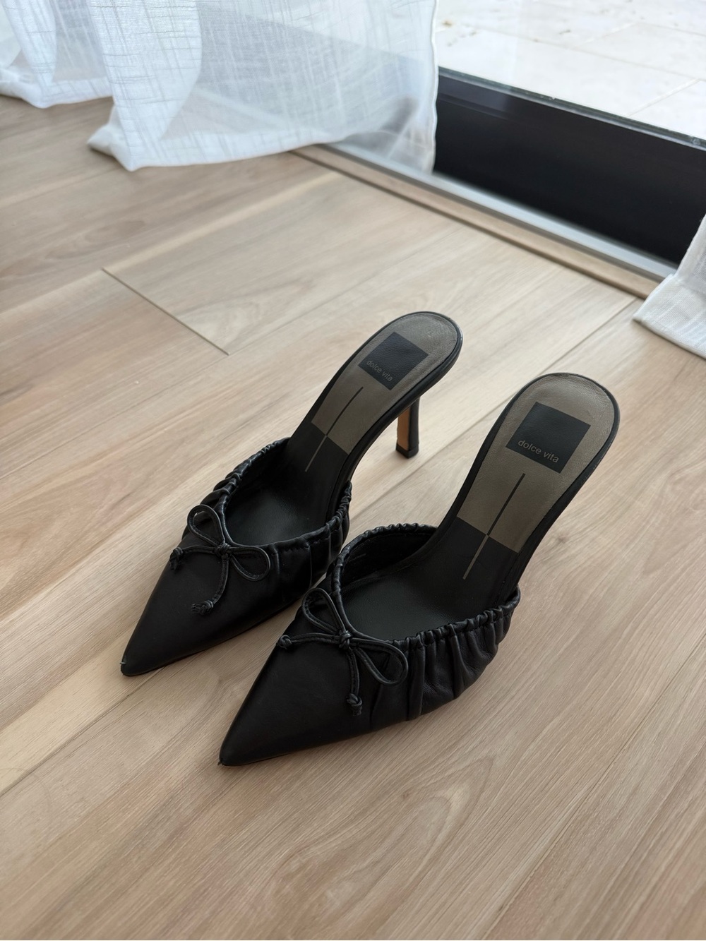 Dolce Vita Black Ruched Pointed-Toe Mule Heels